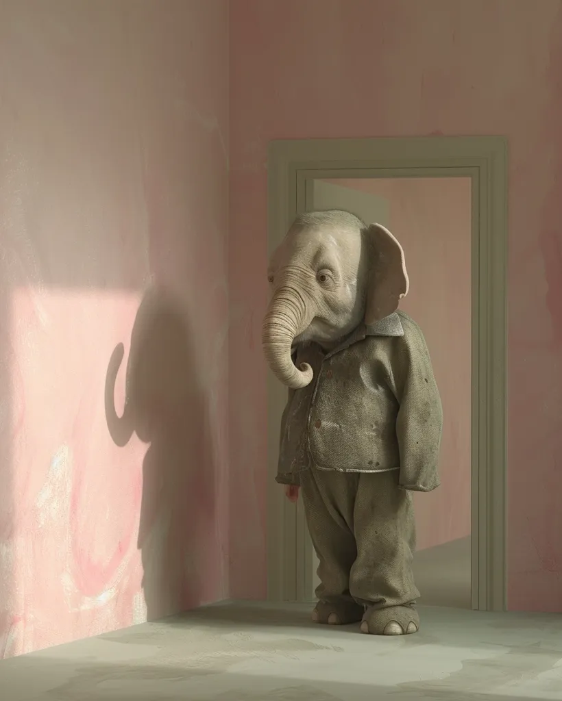 An elephant-headed creature stands in a doorway, with one hand in a pocket. The creature is wearing a worn, grey jacket and trousers.  The doorway leads into another room with pink walls. Light from a window casts a shadow of the creature on the wall behind it.  The scene is surreal and whimsical.