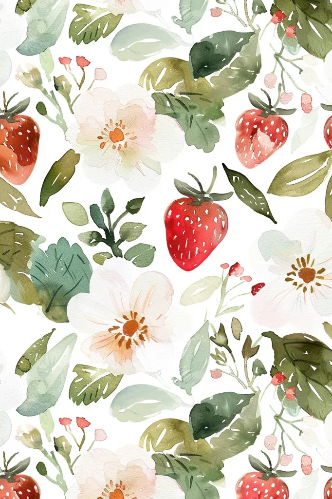 A watercolor pattern features delicate pink flowers with yellow centers, surrounded by lush green leaves. The flowers are interspersed with plump red strawberries, adding a vibrant touch to the soft, nature-inspired design. The background is a clean white, making the floral elements pop. The overall effect is a charming and romantic aesthetic, perfect for creating a whimsical and inviting feel.