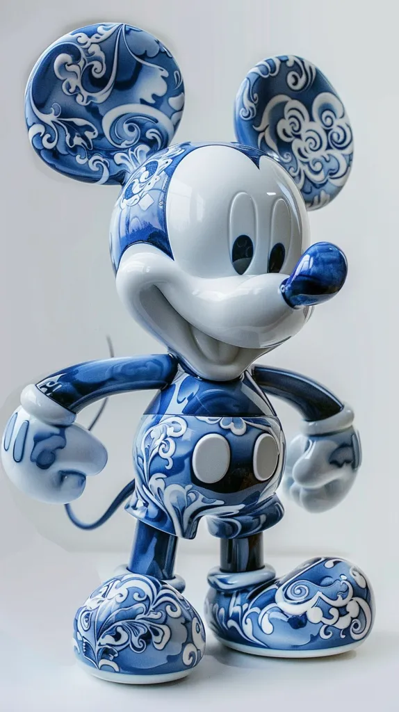 A blue and white porcelain figurine of Mickey Mouse stands against a white background. The figurine is intricately detailed with swirling patterns and a glossy finish. Mickey's ears, hands, feet, and shorts are decorated with the same blue and white pattern. His smile is wide and friendly, showcasing his classic charm. The overall effect is a blend of classic Mickey Mouse and traditional Chinese porcelain art.