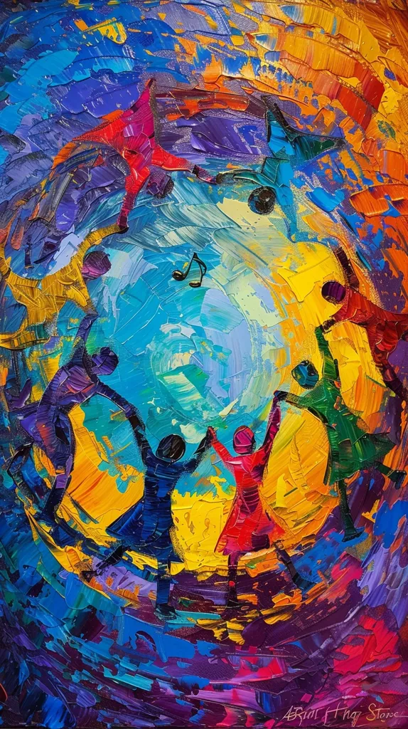 The painting depicts a vibrant scene of people dancing in a circle, their arms linked, with a bright yellow and blue background. The figures are rendered in bold strokes of color, with a dynamic and expressive quality. The background swirls with energy, creating a sense of movement and rhythm. A single musical note floats in the center of the composition, suggesting the theme of music and joy. The painting exudes a celebratory atmosphere and celebrates unity and connection through dance.
