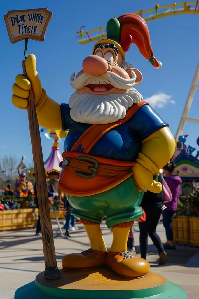 A large, cheerful cartoon gnome statue stands on a platform holding a wooden staff. He is wearing a blue and yellow shirt, orange pants, and a colorful hat. The gnome is smiling and looking up at the camera. In the background, there are people walking past, a roller coaster, and a colorful building. A sign in front of the gnome reads "Défilé 'Unité Tckrié" in French.  The gnome is in an amusement park.