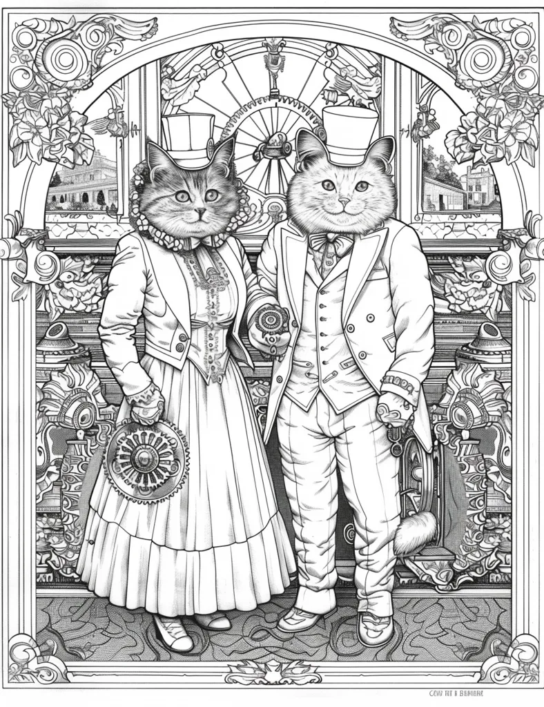 The image shows two cats dressed in formal attire. The female cat wears a long dress with a bustle and a top hat. The male cat is in a suit with a top hat and a pocket watch. They are standing in a room with ornate décor and a clock face in the background. The image is drawn in black and white, with intricate detail in the clothing and the room. The cats have serious expressions on their faces, and the overall tone of the image is formal and elegant.
