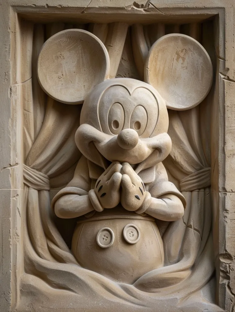 A stone sculpture of Mickey Mouse is depicted in a frame. He is standing in front of a window with curtains, his hands clasped in front of him. The sculpture is detailed, with visible features like his iconic ears, button nose, and two-button overalls.  The stonework is textured and captures a realistic image of Mickey Mouse.  The overall effect is both charming and whimsical.