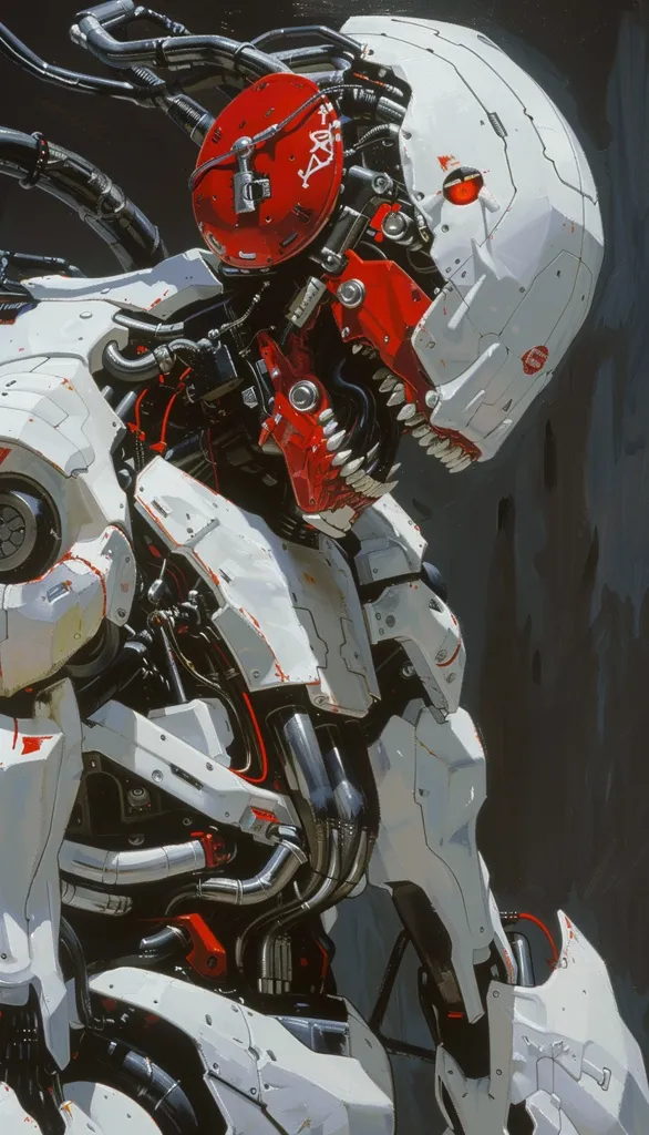 The image shows a close-up of a futuristic robot's head and torso. The robot is primarily white with red accents, including a large red jaw with sharp teeth and a red disc on the top of its head. The robot's body is intricately detailed with pipes, wires, and mechanical parts. The background is a dark gray, providing a stark contrast to the robot's bright colors. The image has a cyberpunk aesthetic and evokes a sense of mystery and power.