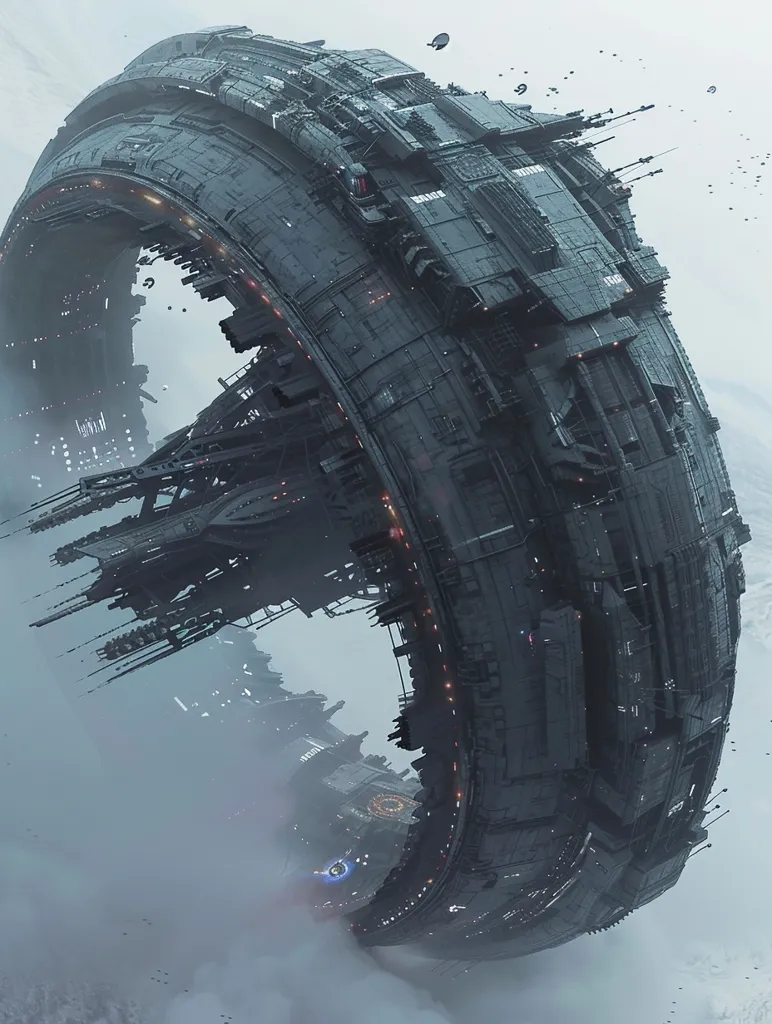 A massive, circular, and intricate space station, with a large ring and intricate details. The station is surrounded by a hazy atmosphere, and it is possible to see smaller spaceships flying in the distance.  The station looks very detailed and futuristic.  It is likely an orbital station for space travel and exploration.
