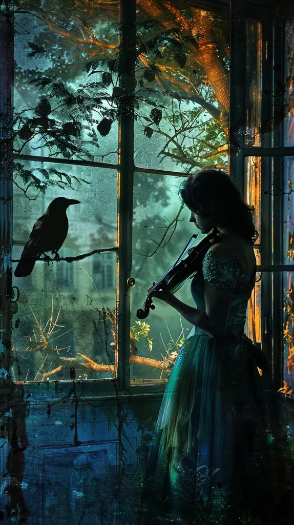 A woman in a teal dress stands by a window, playing a violin. She looks out at the lush greenery beyond. A crow perches on a branch outside, watching the scene unfold. The window pane is covered in a fine layer of frost, giving the image a timeless and ethereal quality. The overall atmosphere is one of solitude and contemplation.