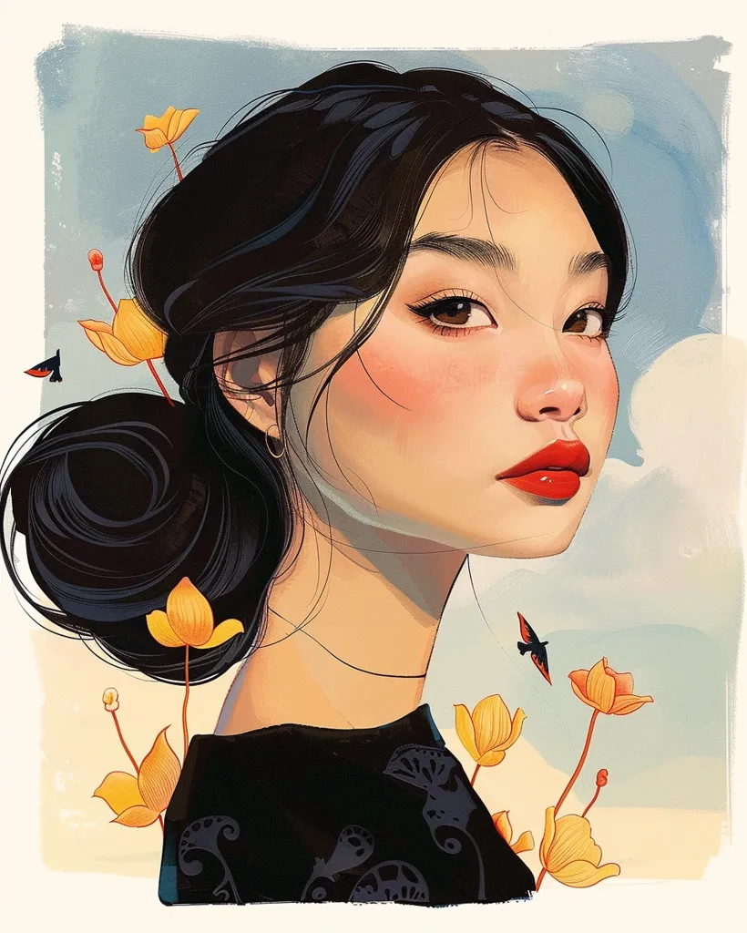 The image is a digital illustration of a young woman with long black hair pulled back into a bun. She is wearing a black top with a delicate floral pattern. The woman's face is  turned to the side, she has striking features with  full lips and large, brown eyes. She is set against a background of a soft blue sky with delicate yellow flowers and small black birds. The overall effect is one of serenity and beauty.