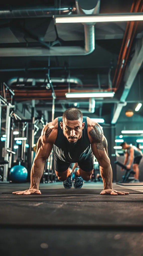 A muscular man in a black tank top performs a push-up exercise in a gym. He is focused and determined, with his hands planted firmly on the floor. The gym is equipped with various exercise machines and weights, and a blue exercise ball is visible in the background. The image captures the intensity and dedication of fitness training.