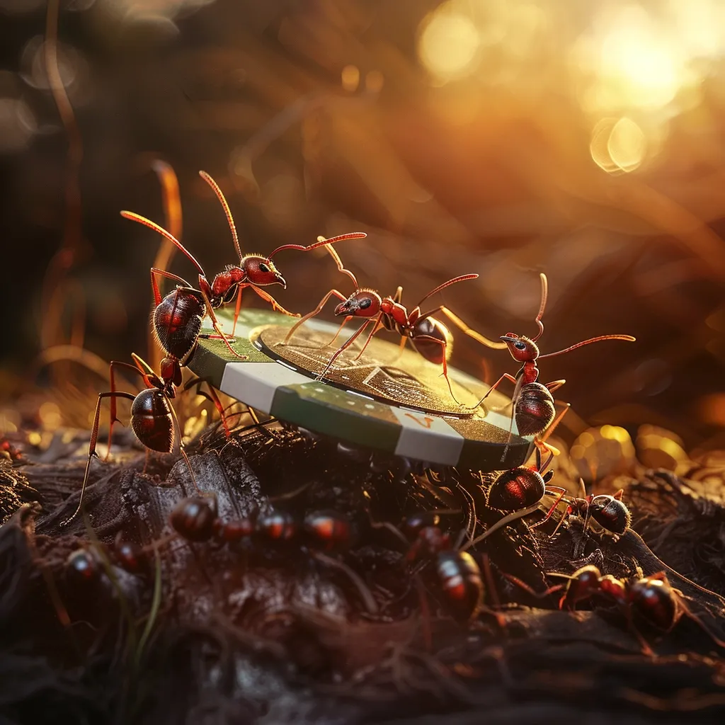 Four red ants are gathered around a green and white poker chip. The chip is resting on the rough, brown surface of the ground. The ants are positioned as if they are playing a game or working together. There is a warm, golden light in the background. The scene is an artistic representation of the anthropomorphic concept of ants playing a game of poker.