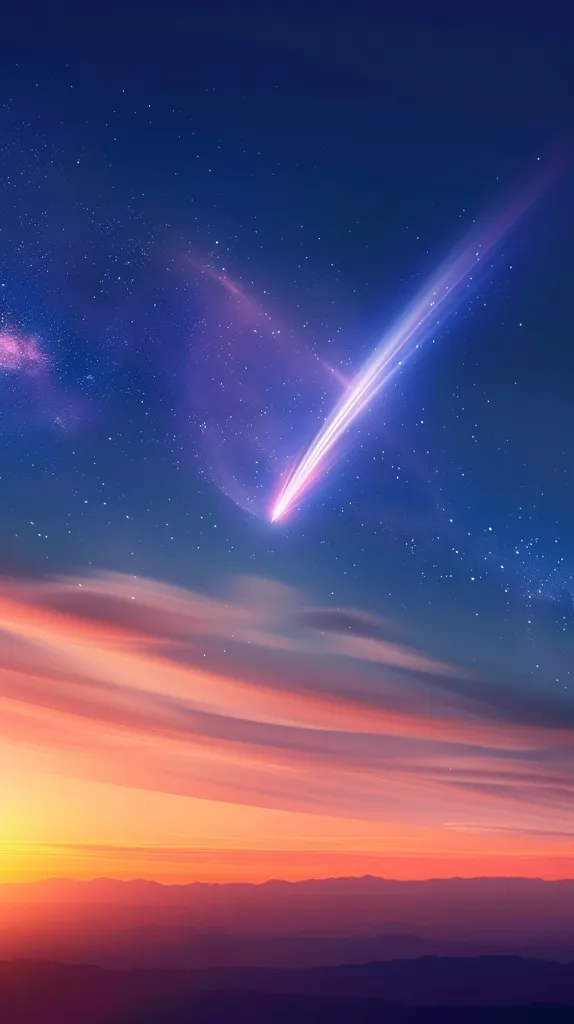 A vibrant pink and purple comet streaks across a dark blue sky dotted with stars, leaving a luminous trail.  Below, a breathtaking sunset paints the clouds with a warm, orange glow. The image evokes a sense of wonder and awe, suggesting a magical and celestial event.  The silhouette of mountains in the distance adds depth and grandeur to the scene.