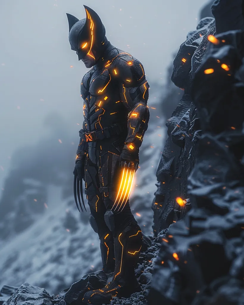 A dark, futuristic superhero with glowing orange accents stands on a snowy mountain, his sharp claws extended. His armor is sleek and black, and his expression is determined. The background is blurry and foggy, with hints of orange flames.  The image evokes a sense of power and danger.