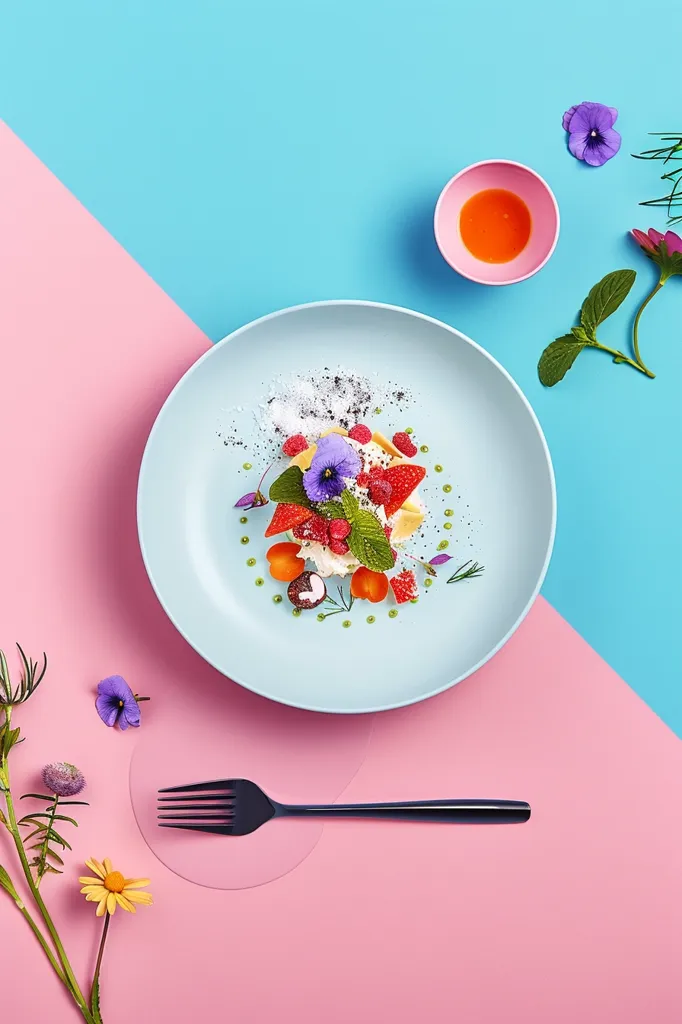 A minimalist food photography composition featuring a light blue plate with a  deconstructed dessert on a pink background. The dessert includes fresh berries, a purple flower, and a creamy sauce. A black fork lies on the pink background, with flowers scattered around the plate. A small pink bowl with orange liquid sits on the blue background.  The photo is shot from above.