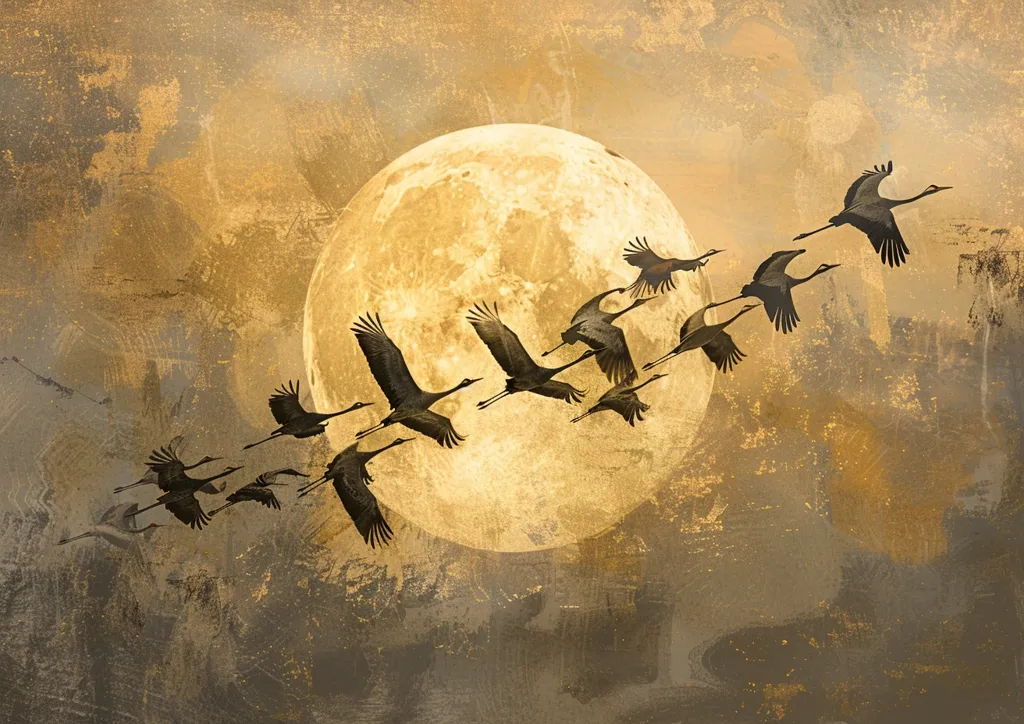 A flock of cranes flies in formation against a large, luminous moon. The sky is a muted brown and yellow, with a textured, almost painterly quality. The cranes are silhouetted against the moon, creating a dramatic and beautiful scene. The image evokes a sense of tranquility and the beauty of nature.