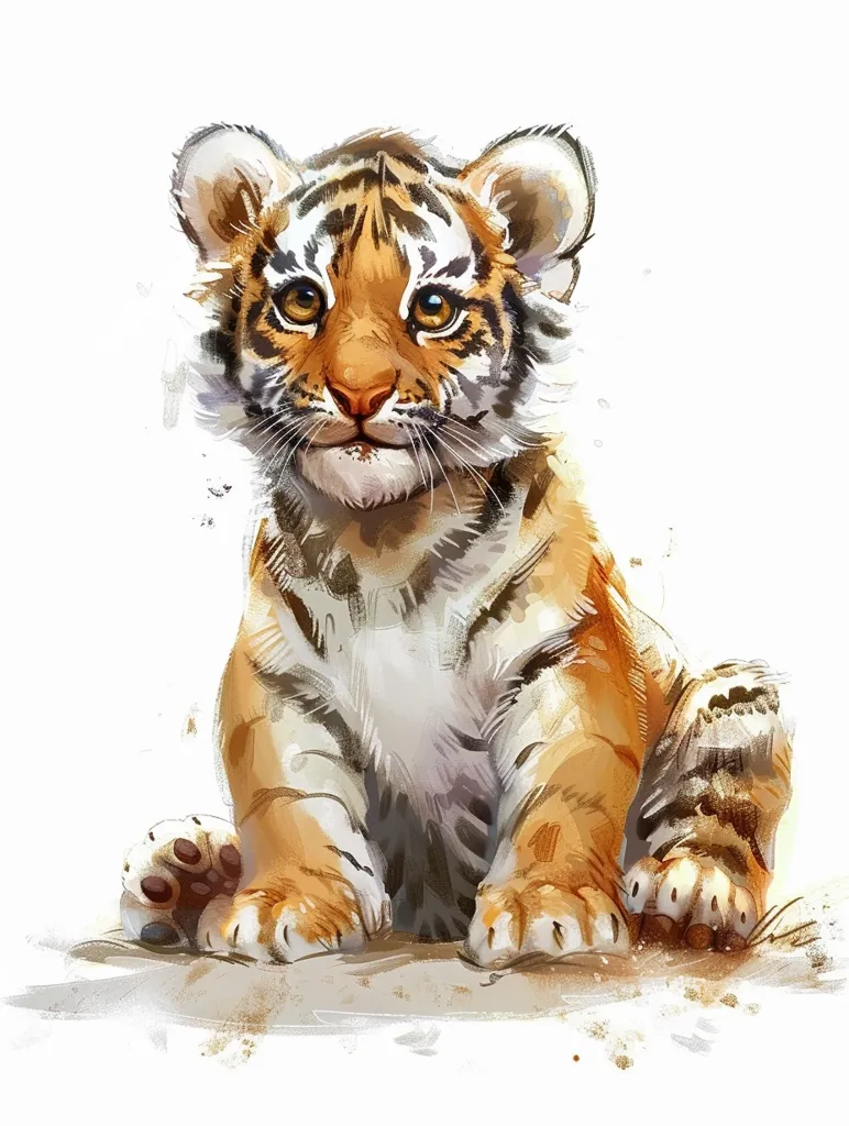 A tiger cub sits on a white background, its orange and black stripes visible. The cub has big, round eyes and a cute, innocent expression. It looks small and vulnerable, its paws curled up beneath it. The image is painted in a watercolor style, with soft, blurred edges.  The tiger cub appears to be curious and alert, its gaze directed slightly to the side.  The image evokes a sense of playfulness and innocence.