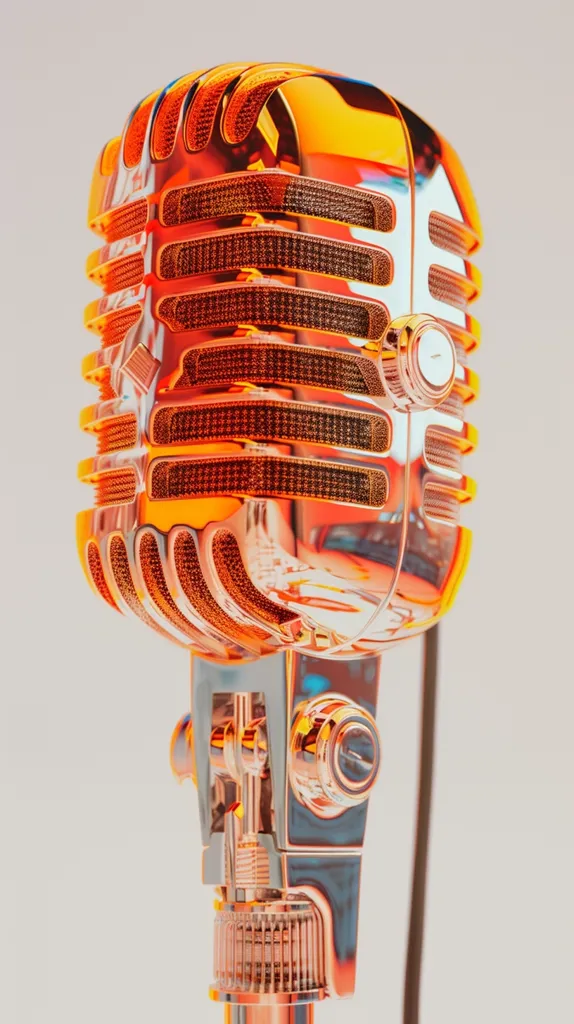 A vintage microphone in a copper finish is captured against a white background.  The microphone's grille is detailed and intricate, with a gleaming surface that reflects light.  The microphone's body is also copper, with a smooth and polished finish.  The focus is sharp on the microphone, highlighting its design and artistry.