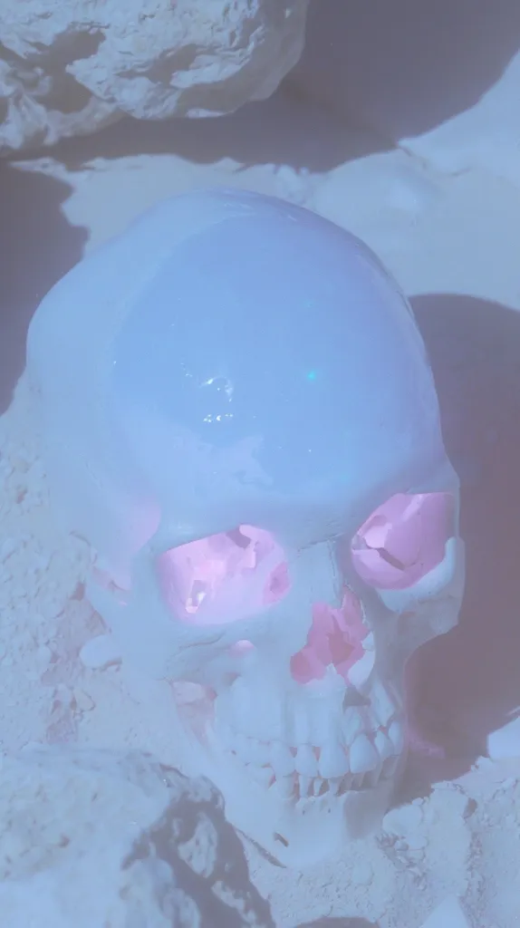 The image is a close-up of a human skull, rendered in soft, pastel tones. The skull is positioned on a white, sandy surface, casting a pale shadow. The skull's features are gently emphasized, with soft light highlighting the eye sockets and teeth. The overall tone is ethereal and dreamlike, creating a melancholic atmosphere.