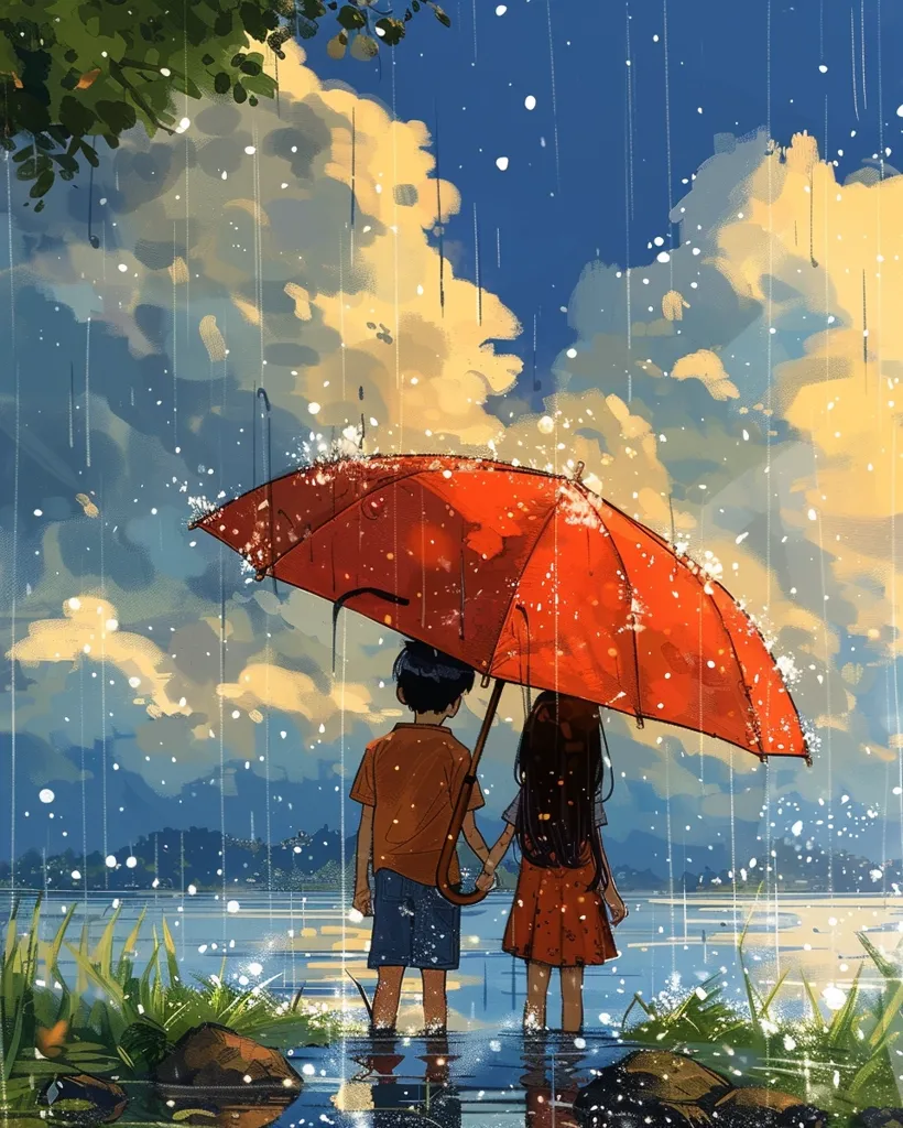A boy and girl stand side-by-side under a large red umbrella, sharing the shelter from the rain. They are standing on a grassy bank overlooking a lake. The sky is cloudy with bright sunshine peeking through the rainclouds.  The scene is painted in a colorful, dreamy style.