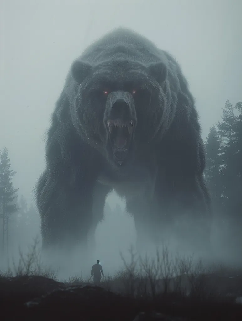 A monstrous, shadowy bear with glowing red eyes stands menacingly in a foggy forest. It looms over a small, silhouetted figure in the distance, creating a sense of impending danger and overwhelming size. The fog obscures the details of the scene, adding to the eerie atmosphere.