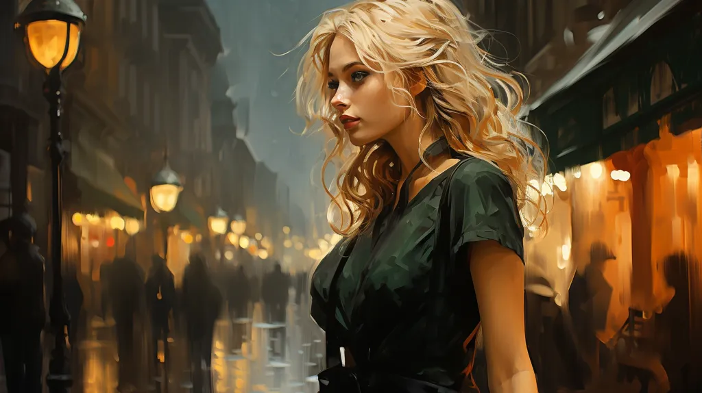 A young woman with long blonde hair stands on a city street, her back turned to the camera.  She wears a dark green dress and looks towards the right side of the frame.  The street is lit by gas lamps and there are people walking in the distance. The scene is evocative of a bustling city at night.