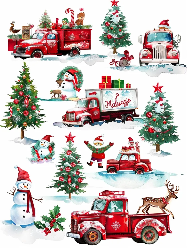 The image is a whimsical Christmas scene featuring red trucks, snowmen, Christmas trees, and a reindeer. The trucks are decorated with Christmas lights and ornaments, and they are filled with presents. The snowmen are wearing scarves and hats, and they are smiling. The Christmas trees are adorned with ornaments and lights, and the reindeer is pulling a sleigh. The scene is set against a white background, and it is covered in snow.  All the elements are watercolor-styled.