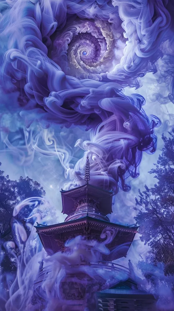 A traditional Japanese pagoda stands tall, surrounded by swirling purple smoke. The smoke forms a swirling vortex in the sky, reminiscent of a celestial phenomenon. The scene evokes a sense of mystery and wonder, as if the pagoda is a gateway to another realm. The image is captured from a low angle, emphasizing the height and grandeur of the structure.  The soft lighting and the ethereal smoke create a dreamy and otherworldly atmosphere.