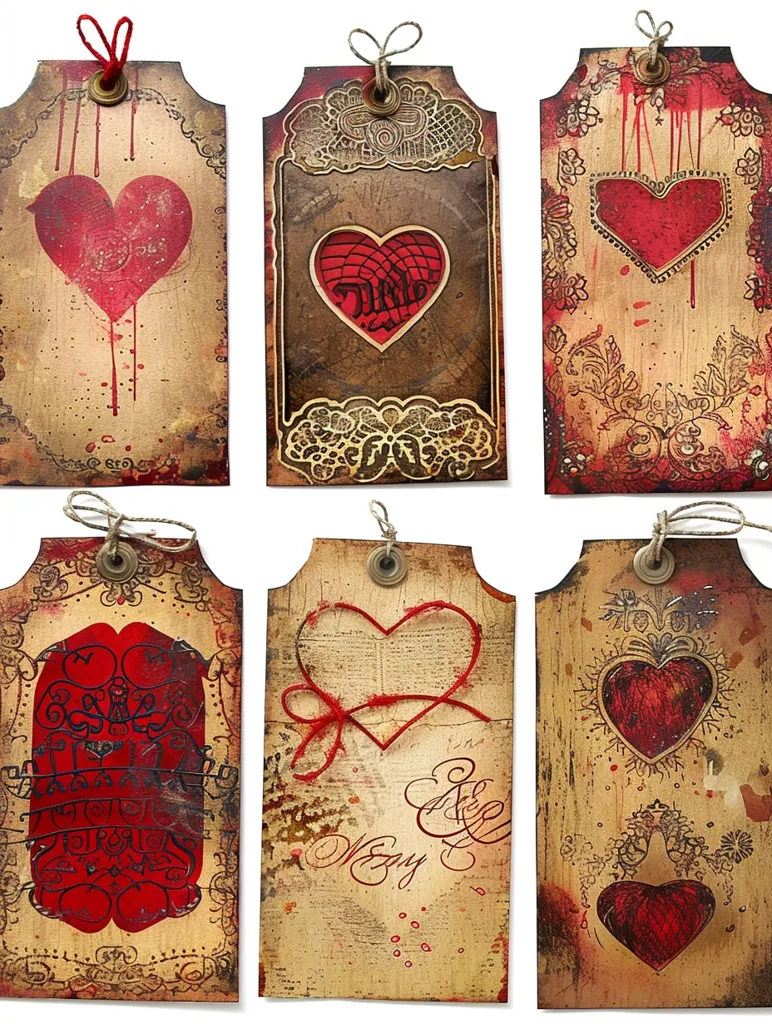Seven vintage-looking tags with red heart designs are displayed against a white background. The tags are adorned with intricate details, including lace, floral patterns, and handwritten words. The worn texture and faded colors suggest an antique feel, evoking a sense of romance and nostalgia.