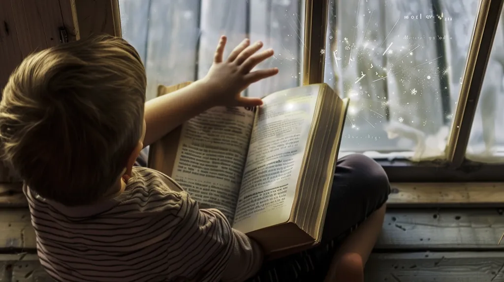 A young boy sits by a window, reading a large book. The window is covered in frost, and the boy's hand reaches out as if to touch the falling snowflakes outside. He is engrossed in the book, and the light from the outside creates a warm glow on the pages. The scene is cozy and inviting, suggesting a winter day spent indoors.