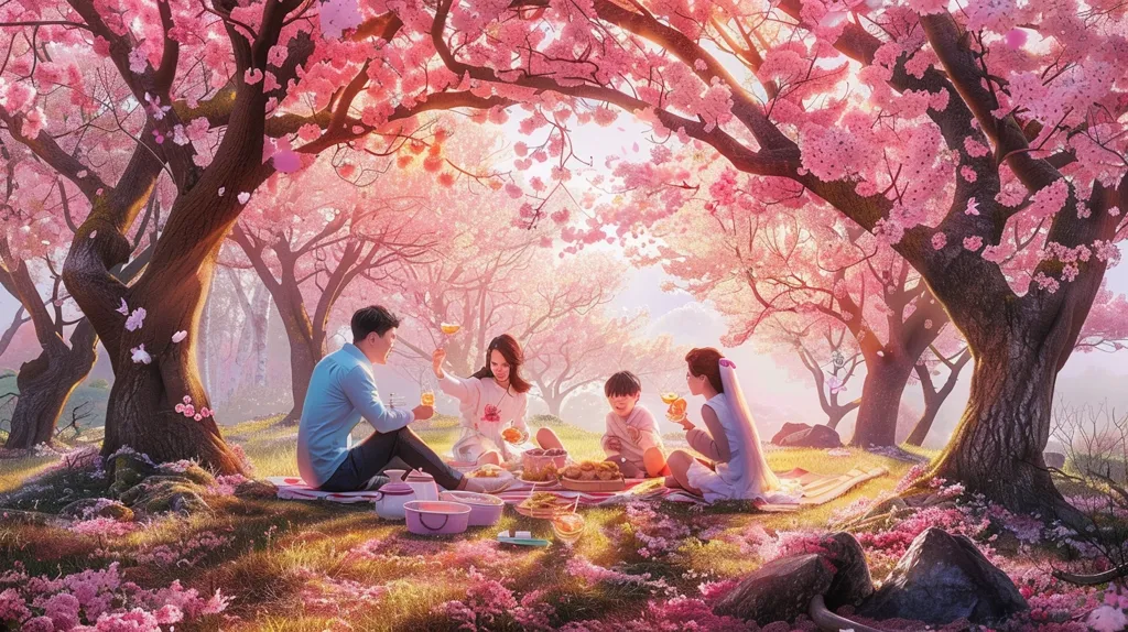 A family of four enjoys a picnic beneath a canopy of vibrant pink cherry blossoms. The scene is idyllic and serene, with soft sunlight filtering through the leaves. The family members are seated on a blanket, sharing food and drinks, their smiles reflecting the joy of their gathering. The lush green grass and the delicate petals create a picturesque backdrop for their special moment.