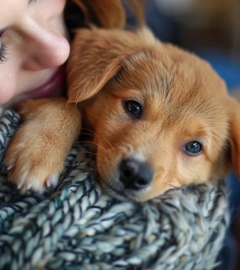 A young girl with long brown hair cuddles a small, golden-brown puppy. The puppy is resting its head on the girl's shoulder, its large brown eyes looking directly at the camera. The girl's hand rests on the puppy's back, while the puppy's paws are resting on her shoulder and chest.  A soft, grey knitted blanket covers them both. The photo captures the tender bond between a girl and her puppy.