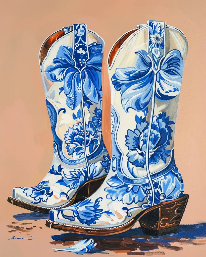 A pair of cowboy boots, painted in a white and blue floral design, stand on a peach-colored background. The boots are worn and the paint is slightly chipped, giving them a vintage look. A single blue flower petal lies on the ground in front of them.