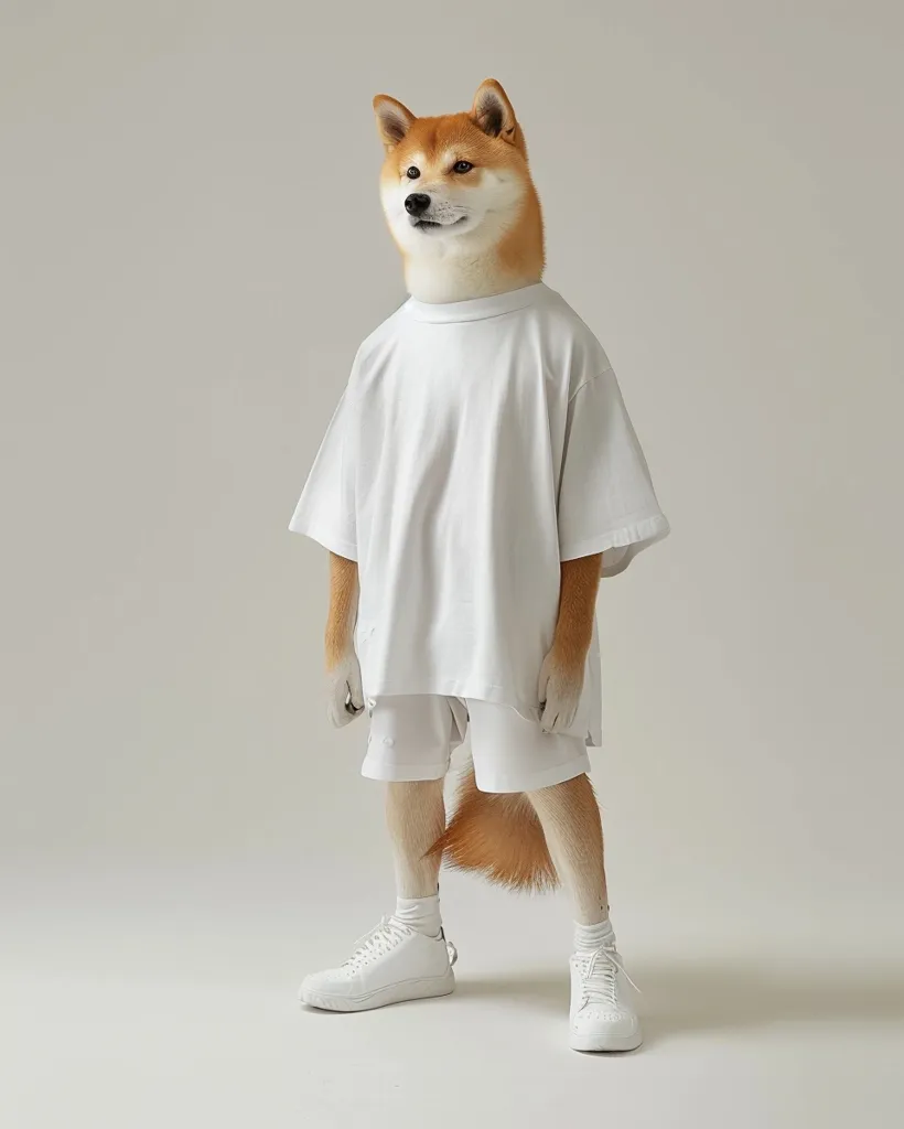 A Shiba Inu dog is dressed in a white oversized t-shirt and matching shorts, with white sneakers on its paws. Its bushy tail sticks out behind it. The dog is standing on a white backdrop. The image has a playful and humorous tone, suggesting that the dog is dressed up in human clothing. The simple white background highlights the dog's unique appearance.  The overall image is minimalistic and stylish, capturing the dog's adorable and comical nature.