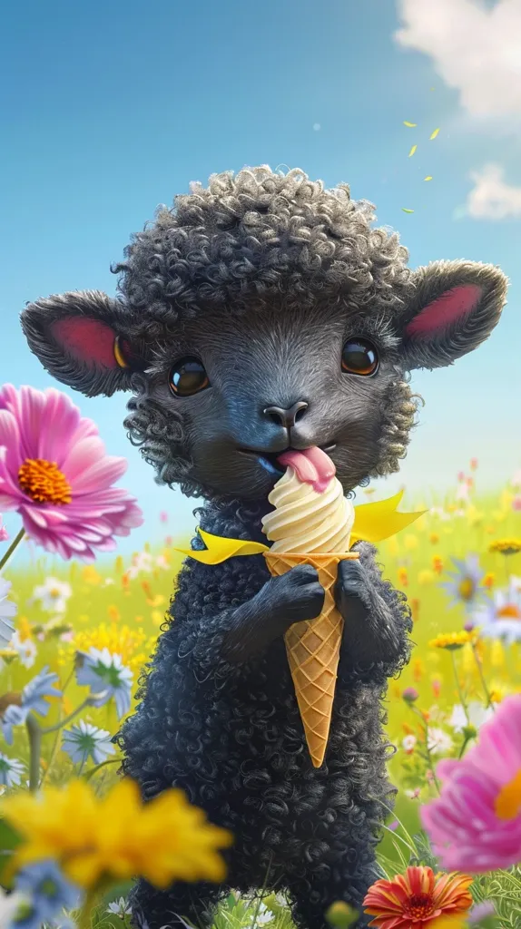 A black sheep with curly fur is standing in a field of flowers. It is holding a cone of ice cream and licking the vanilla with its pink tongue. The sheep's large brown eyes are looking to the side. The flowers are in various shades of yellow, pink, and white. The sky is blue and clear.