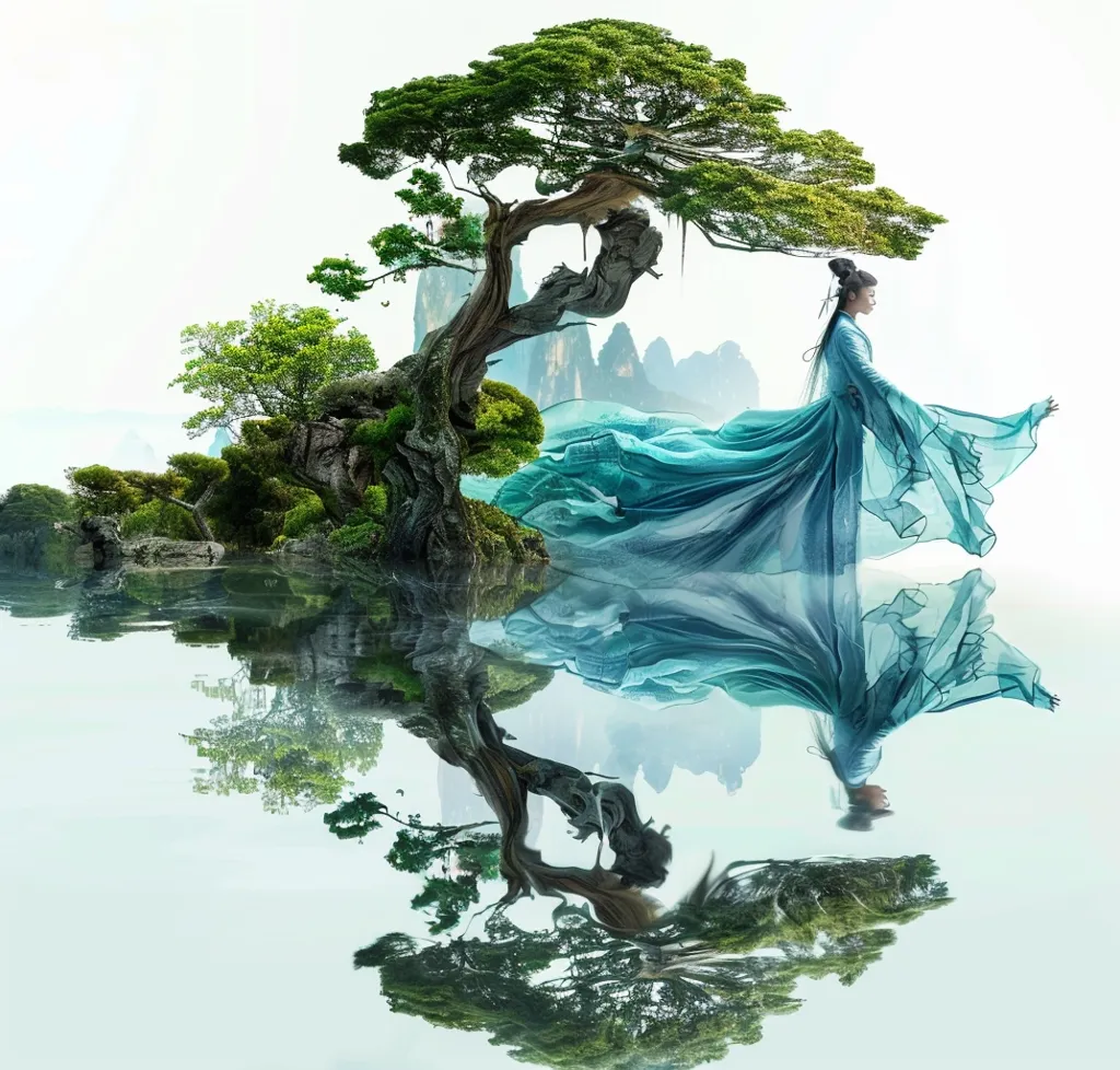 A woman in a flowing blue gown stands under a large, gnarled tree with outstretched branches. Her gown billows behind her, and she gazes out at the misty mountains in the distance. The scene is reflected perfectly in the still water below, creating a surreal and dreamlike image. The colors are muted and soft, adding to the ethereal quality of the picture.