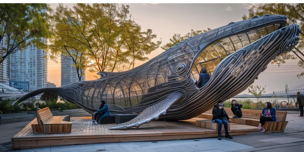 A large, metallic whale sculpture dominates the foreground of this image.  The whale's body is a complex, interwoven network of metal, creating a whimsical and intricate design. People sit on wooden benches beneath the sculpture, enjoying the sunset and the unique art piece.  Behind the sculpture, tall city buildings rise in the distance.  The overall scene is one of urban tranquility and artistic wonder.