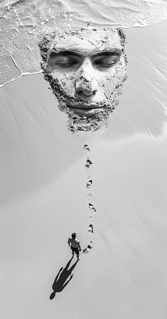 A black and white image of a sand sculpture of a man's face on a beach. The face is partially covered by water. A single person walks away from the sculpture leaving footprints in the sand.  The person's shadow stretches behind them.  The image is shot from above.  The image is simple and evocative.