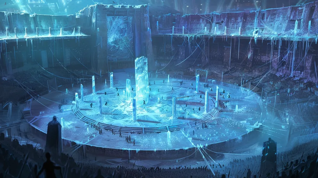 A large crowd gathers in a futuristic, ice-covered stadium. The circular arena is lit by a brilliant blue light, casting long shadows. Tall, thin ice pillars surround the center stage, where several figures are gathered. The stadium is constructed of ice and stone, with a network of cables and supports crisscrossing the space. The image evokes a sense of wonder and grandeur, suggesting a grand event or ceremony.