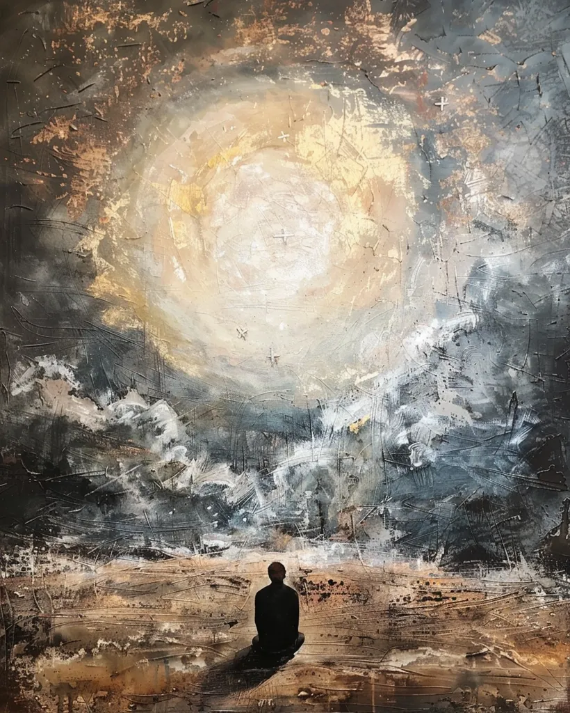 The painting depicts a solitary figure sitting on a barren landscape, gazing up at a large, luminous orb in the sky. The sky is a mix of swirling grey and white clouds, with hints of gold. The figure is silhouetted against the light, appearing small and insignificant in the vastness of the scene. The overall mood is one of contemplation and solitude, with a sense of mystery and wonder surrounding the orb.  The artist uses a variety of brushstrokes and textures to create a sense of depth and atmosphere.