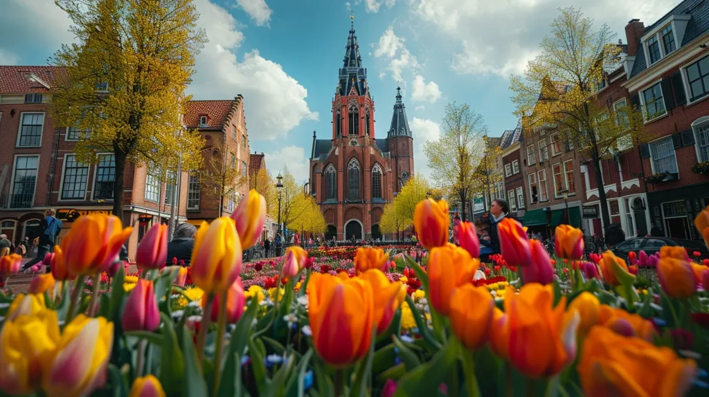 A vibrant cityscape with a tall, gothic church at its center. The church, constructed of red brick and with a pointed spire, stands out against the blue sky and fluffy white clouds. The scene is filled with colorful tulips in full bloom, their orange, yellow, and pink hues adding a cheerful touch to the scene. The buildings flanking the church are brick and stone, with windows and doors that hint at a bustling city life. Trees with lush green leaves add a touch of natural beauty. The image captures a lively blend of architecture, nature, and urban life.