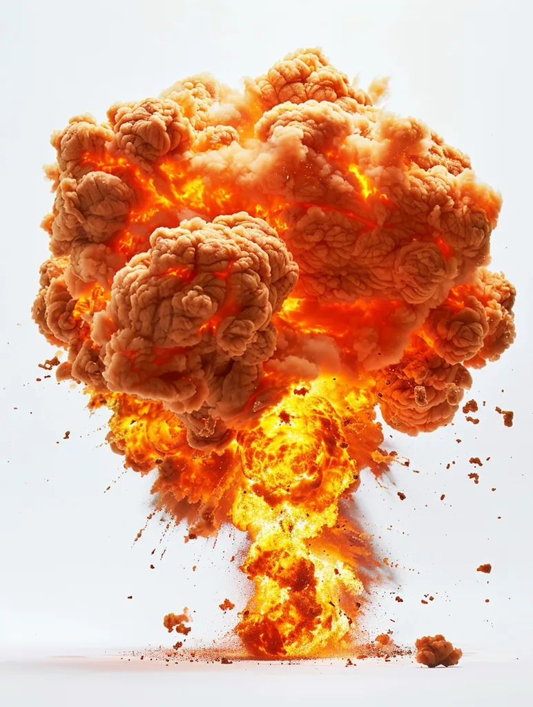 A fiery explosion erupts against a white background. The explosion is a swirling mass of orange and yellow flames, with smoke billowing out in a chaotic cloud. The image captures the raw power and destructive nature of an explosion, highlighting the contrasting beauty and danger of such events.  The impact of the explosion is clear, as debris and particles fly outward.  The white background emphasizes the impact of the blast, highlighting the contrasting beauty and danger of such events.