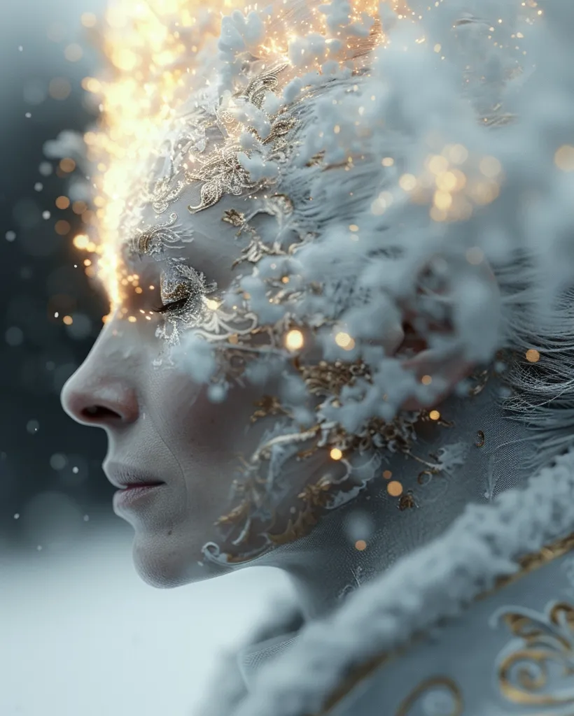 A woman's profile is obscured by a delicate, white, and gold filigree design.  She is lit by warm, golden light emanating from behind her, with a dusting of snow on her face and in the air. The background is a blurred out winter scene.  Her expression is one of gentle sadness.
