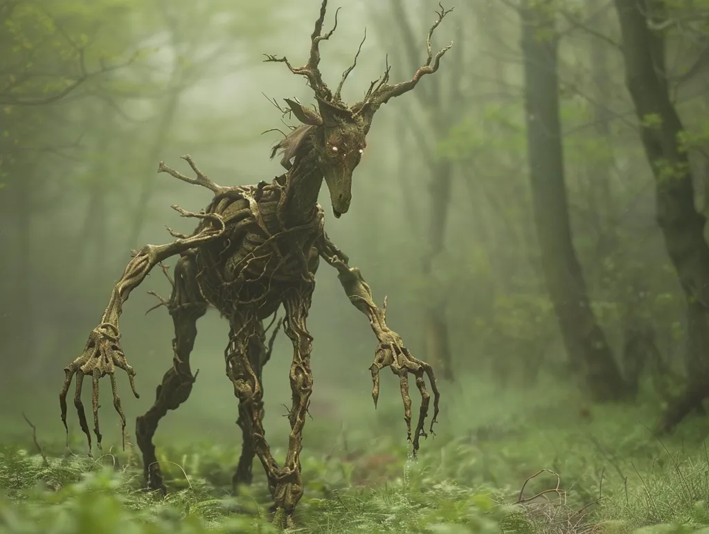 A monstrous creature with antlers, covered in vines and branches, walks through a misty forest. Its skeletal form is visible beneath the foliage, and its glowing red eyes pierce the fog. The creature's gnarled hands extend towards the viewer, creating a sense of unease and dread. The forest is dense and overgrown, adding to the eerie atmosphere. The image suggests a creature of the wild, both beautiful and terrifying, that is part of the natural world but also something beyond human understanding.