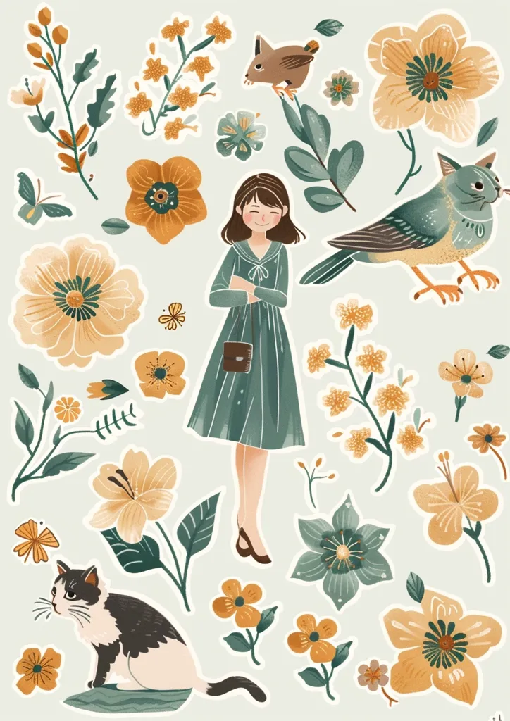 The image is a whimsical illustration featuring a girl in a green dress, a cat, a bird, and various flowers. The girl holds a small purse and is surrounded by a variety of floral patterns, including yellow and green flowers. The image is colorful and cheerful, suggesting a sense of joy and whimsy.