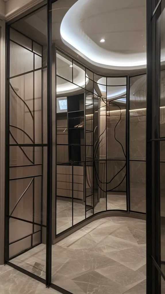 The image shows a hallway with a black metal frame and glass panels. The hallway is lined with mirrors that reflect the light from above. The floor is a light grey marble tile. The room is lit by a bright ceiling light. The design is modern and elegant.
