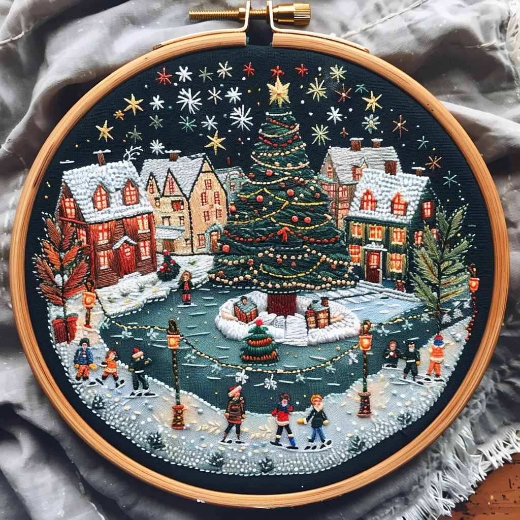 This is a circular embroidery depicting a snowy village scene. A large decorated Christmas tree stands at the center, surrounded by houses with lit windows. People are ice skating on the frozen pond, surrounded by twinkling lights. The dark blue background is dotted with white snowflakes and stars, creating a festive atmosphere.  The wooden frame adds a warm touch to the piece.