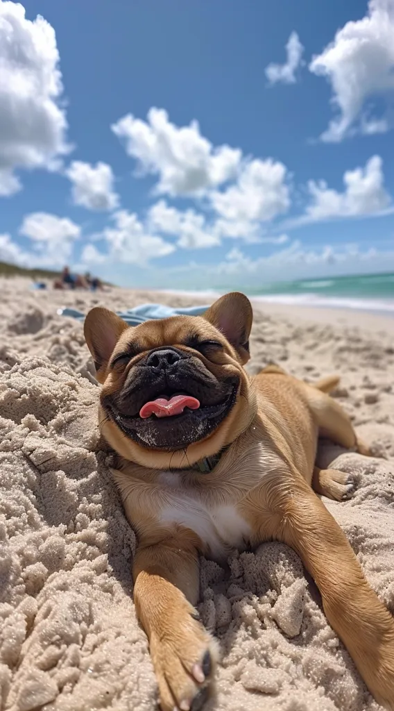 A French bulldog is lying on a sandy beach, basking in the sun. Its eyes are closed, and its tongue is lolling out in a blissful smile. The dog is surrounded by white sand and the blue sky and ocean stretch out in the distance. The photo captures the carefree joy of a dog enjoying a day at the beach.