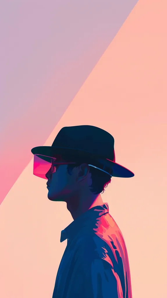 A man in a black fedora and blue shirt stands in profile against a background of pink and purple. His face is mostly obscured by the brim of his hat and the glare of a pair of sunglasses. The image is stylized and the colors are bold and vibrant, creating a striking contrast.  The man is looking off to the side, suggesting a sense of mystery or contemplation.