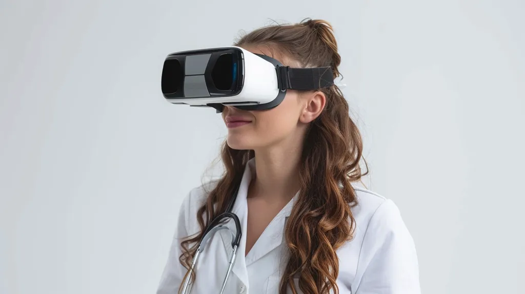 A young woman with long brown hair is wearing a white lab coat and a VR headset. Her stethoscope is hanging around her neck. The background is a plain white wall.  She looks intrigued and is likely experiencing a virtual reality application. The image suggests a possible future application of VR in healthcare.