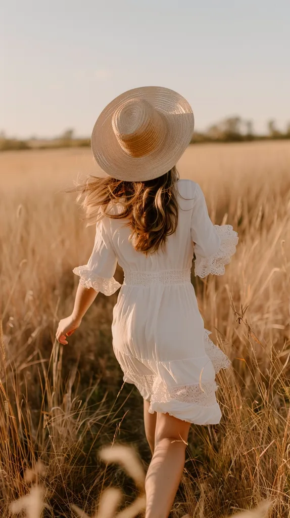 A woman in a white dress and straw hat walks through a field of tall grass.  Her hair is long and brown, and she is looking off to the side. The sun is shining brightly and the grass is a warm golden color. The woman is wearing a white dress with lace detailing. She is walking with her head held high and a confident stride.  The image evokes a sense of carefree joy and summery freedom.