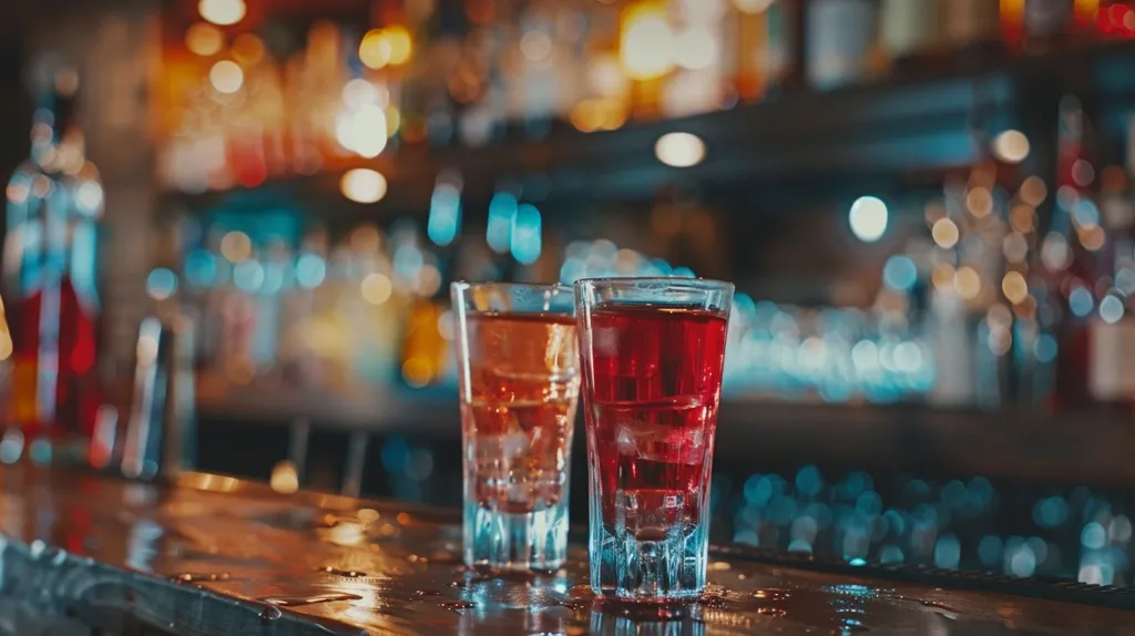 Two shot glasses filled with red and orange liquids sit on a bar counter, a blurred bar backdrop behind them. The glasses have condensation on their surface, suggesting the drinks are chilled. The setting is dimly lit, with warm lighting creating a cozy ambiance.  The image captures a simple yet inviting bar scene.