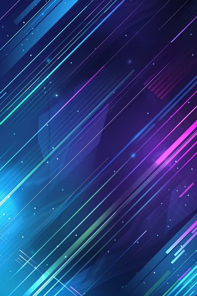 The image depicts a vibrant, abstract background with a dark blue base.  A series of diagonal, luminescent lines in shades of blue, green, and pink streak across the canvas. The lines appear to be glowing, adding depth and movement to the design.  The background is subtly speckled with tiny white dots, suggesting a sense of depth and energy.  The overall effect is dynamic and visually striking.